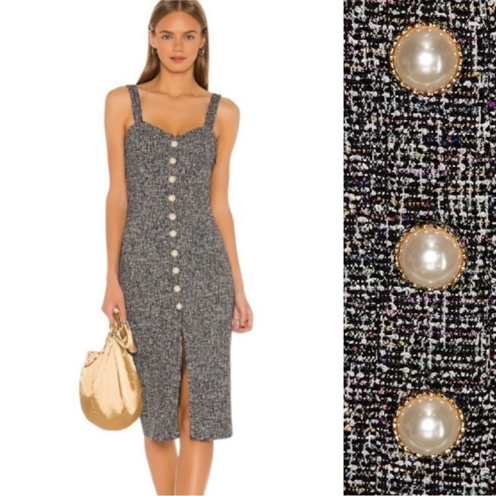 NWT Lovers + Friends Revolve Wolfe Tweed Midi Dress with Pearl Buttons Size L